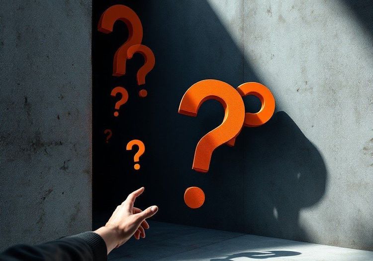 A hand reaches toward floating orange question marks in a dark concrete room, illuminated by a beam of light.