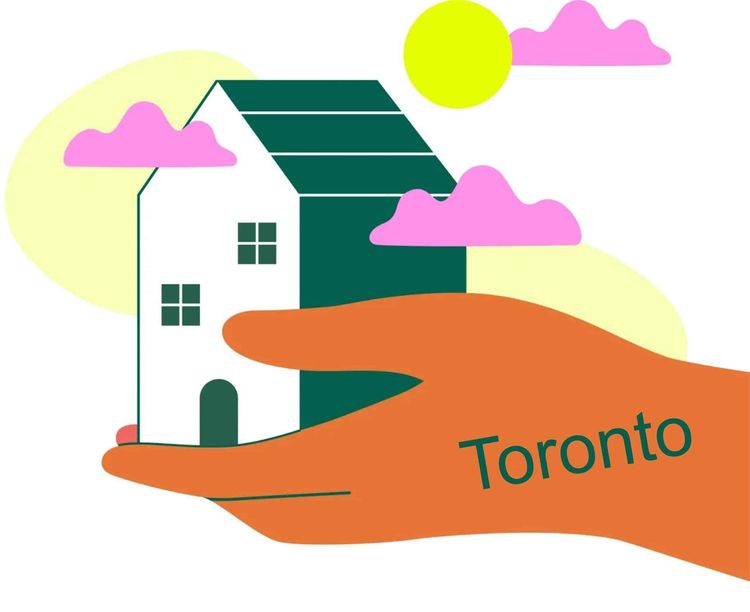 Stylized orange hand holds white house with green roof. Yellow sun, pink clouds, 'Toronto' on hand.