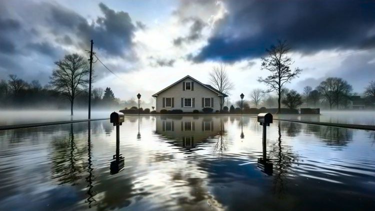 White house reflected in floodwaters, flanked by mailboxes, under a cloudy sky with misty trees.