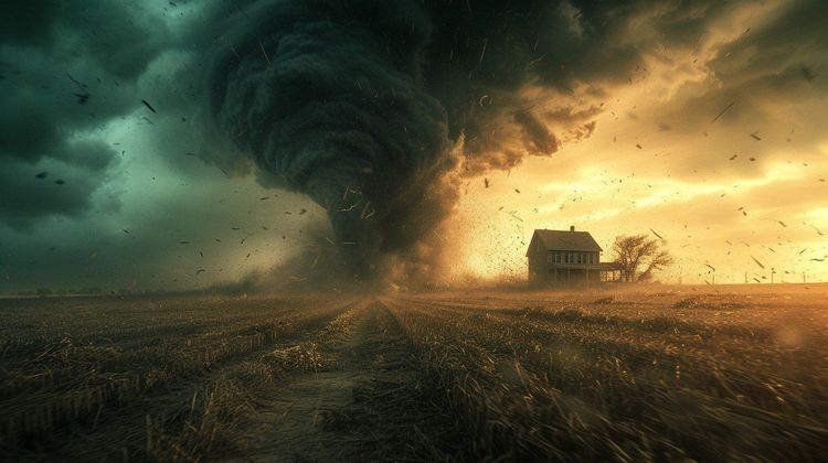 A massive dark tornado descends into a field, debris flying, a house on the right, under a stormy green-orange sky.