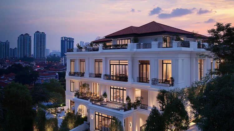 White luxury building with red tile roof & balconies illuminated at dusk, city skyline behind.