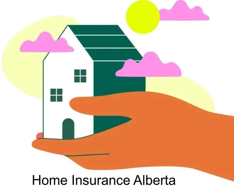 Stylized house held by an orange hand under sun & clouds. Home Insurance Alberta.