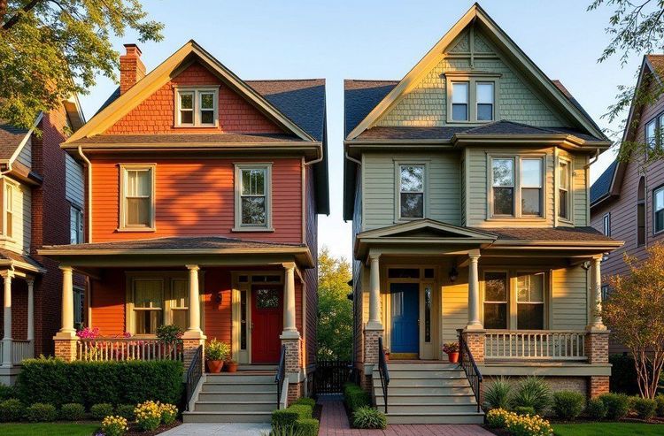Two side-by-side houses: one red with a red door, one green with a blue door, both with porches and steps.