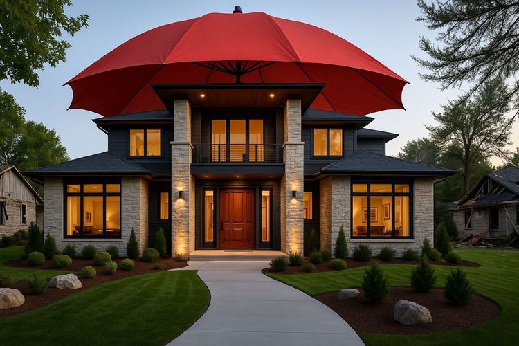 Modern home protected by a large red umbrella, next to a damaged house.