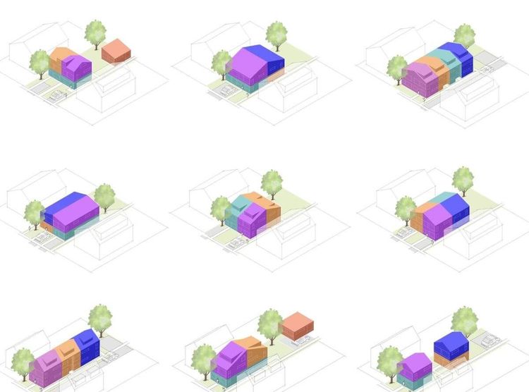 9 isometric diagrams of diverse multi-unit housing configurations on residential plots, shown with colorful blocks.