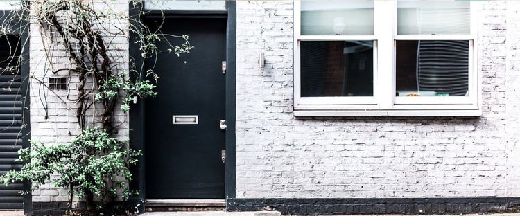 A dark front door, green ivy, and a white window on a weathered white brick wall.