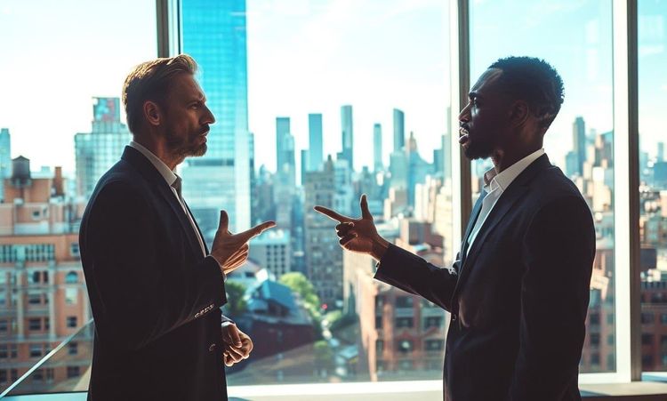 Two businessmen in suits pointing at each other with finger guns in front of a city skyline.