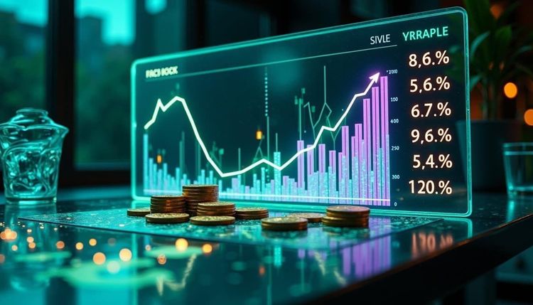 Glowing financial graphs with percentages on a transparent screen, alongside stacks of coins.