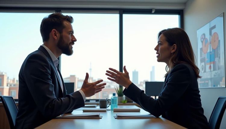 A man and a woman in business attire talk animatedly across a conference table with a city view behind them.