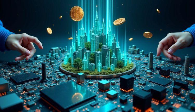 Hands around a circuit board with a glowing smart city and floating Bitcoin coins, representing digital finance.