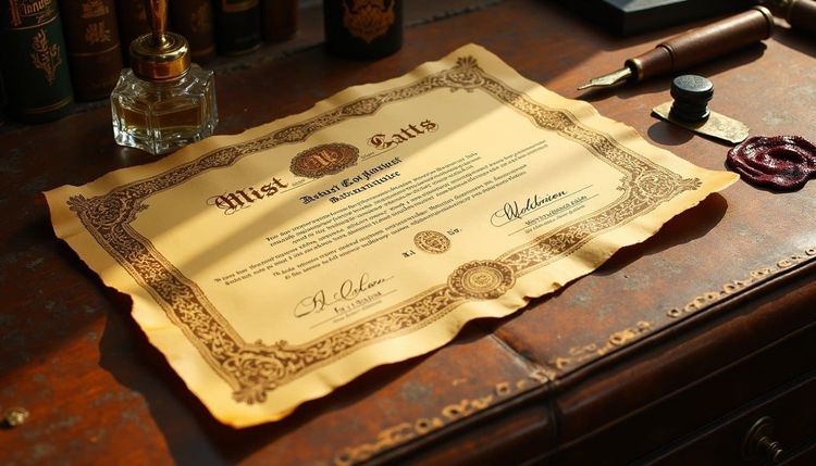 A vintage parchment document with ornate borders and illegible text on a wooden desk with an inkwell, quill, and wax seal.