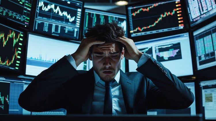 A stressed man holds his head in despair, surrounded by multiple monitors showing financial charts and data.
