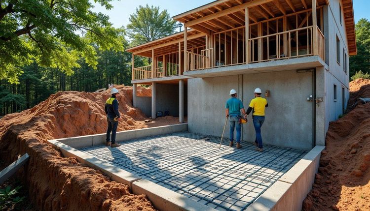 Three construction workers on site at a house under construction with a concrete foundation, wood framing, and rebar.