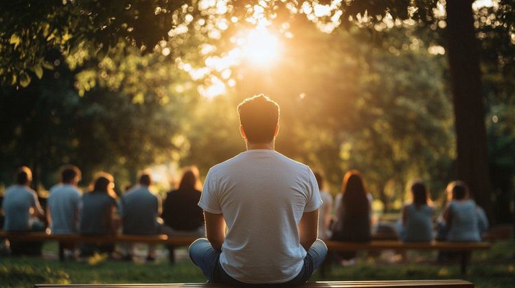 Man sits cross-legged on park bench, back to viewer, facing bright golden sunset. Blurred people behind.