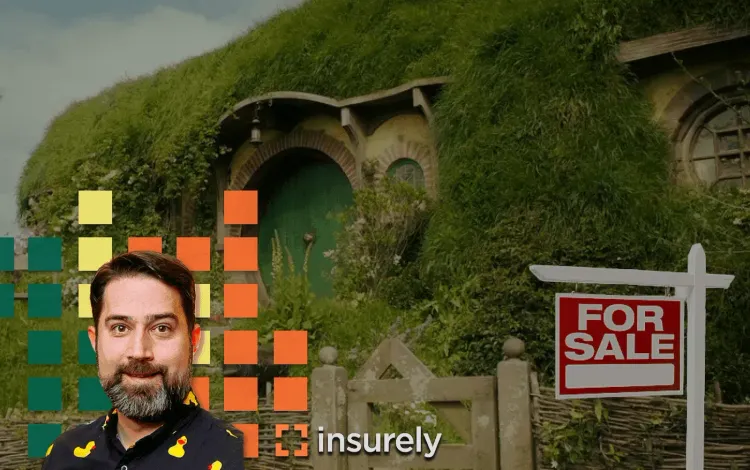 Man in duck shirt in front of a hobbit house with a For Sale sign and "insurely" logo.