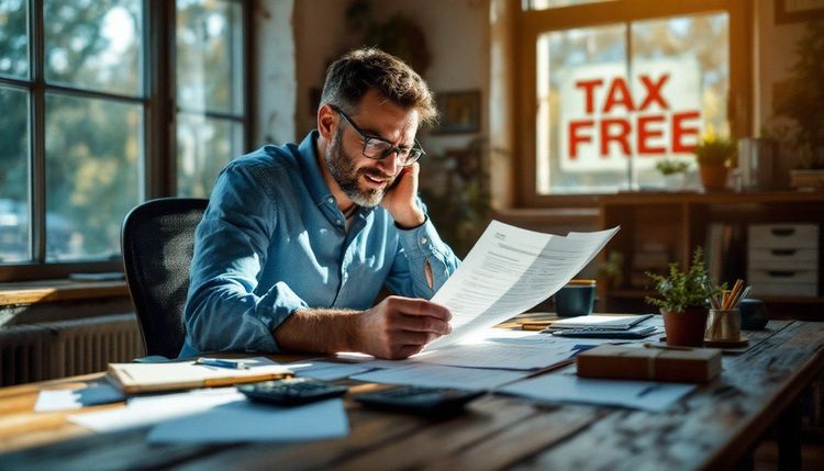 Happy man reading documents at a desk with a "TAX FREE" sign in the background.