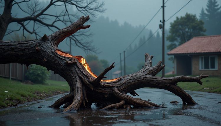 A massive fallen tree with an internal orange glow blocks a wet road in a misty forest village.