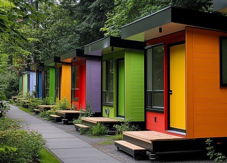 Vibrant, rainbow-colored tiny homes line a paved path in a lush green forest.