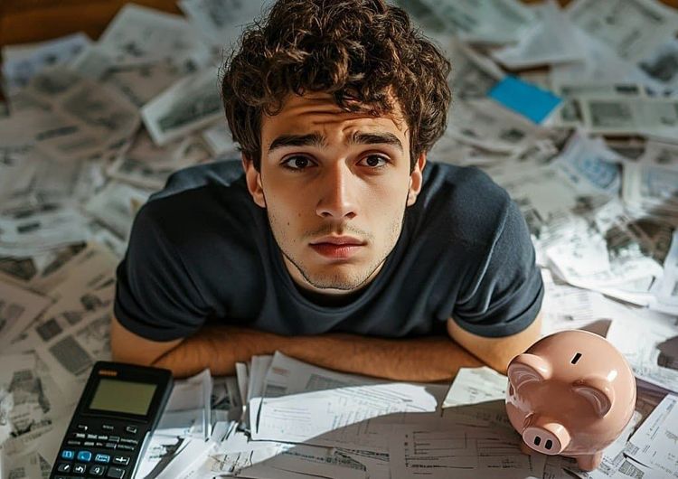 Young man with curly hair looks worried, surrounded by bills, a calculator, and a piggy bank.