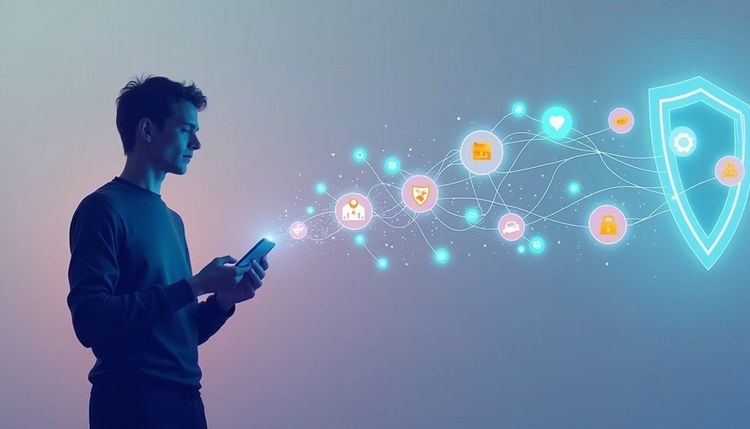 Man on phone, glowing data connecting to various icons like home, heart, car, and a large blue security shield.
