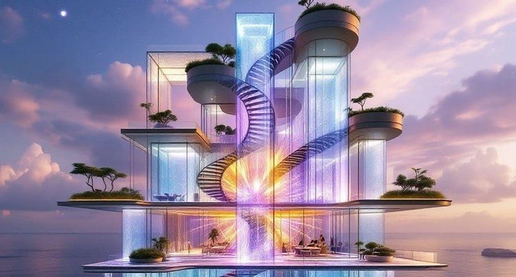 A futuristic, transparent building on water with a brightly glowing spiral staircase and lush green terraces.