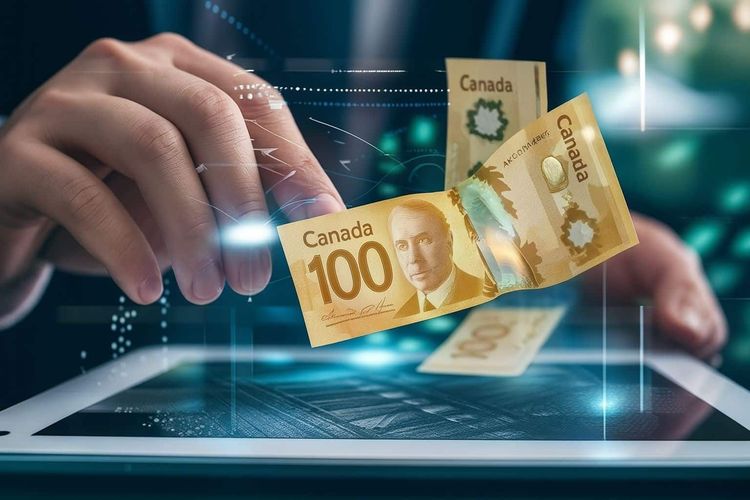 Hand interacting with C$100 bills floating above a digital tablet, connected by glowing tech lines.