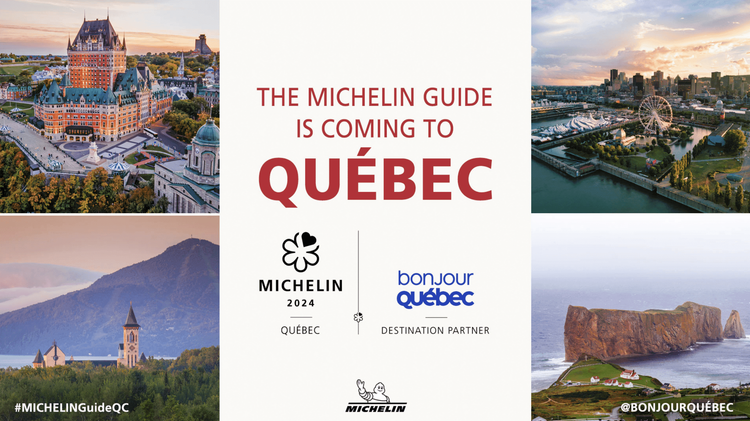 Michelin Guide coming to Québec. Collage: Château Frontenac, Montreal skyline, mountain church, Percé Rock.