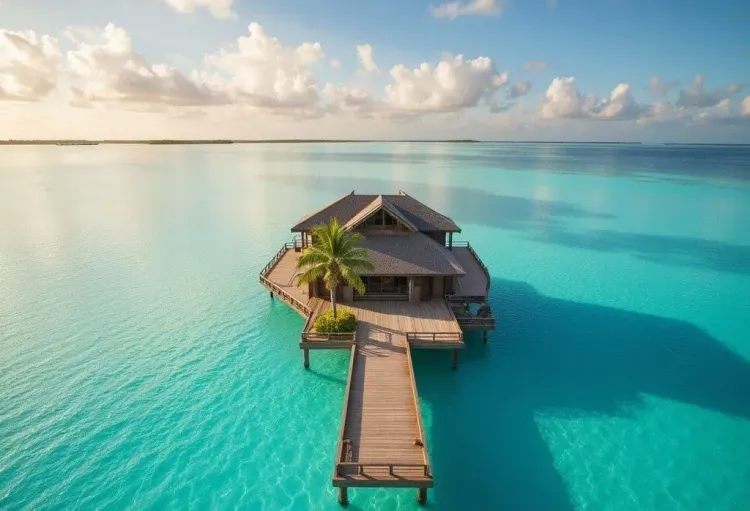 An overwater villa with a wooden pier and palm tree, set in a clear turquoise tropical ocean.