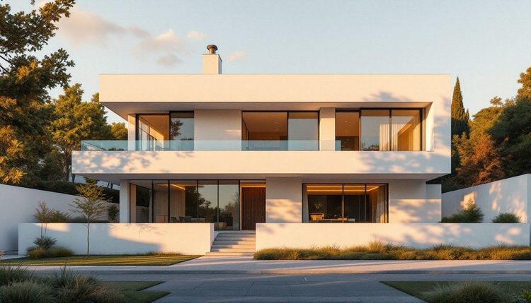Modern white two-story house with large windows, glass balcony, and landscaping, bathed in warm sunlight and shadows.