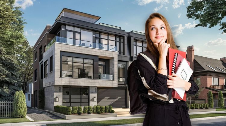 Young female student holding books, smiling thoughtfully in front of a large, modern, luxurious house.