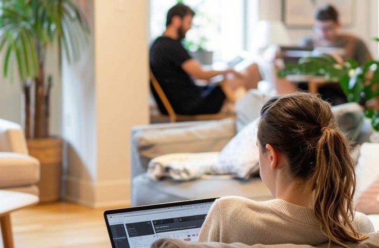 Woman from behind works on a laptop in a modern co-working space with blurred people.