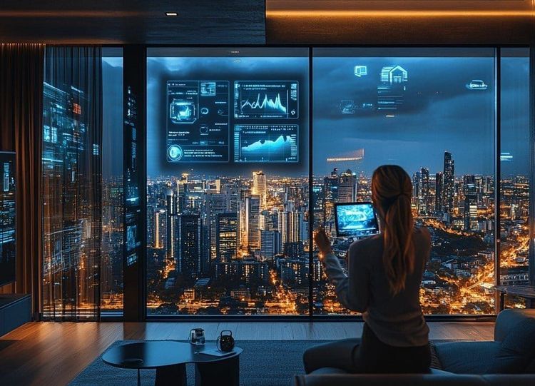 Woman views futuristic city skyline with holographic data displays on a window and tablet at night.