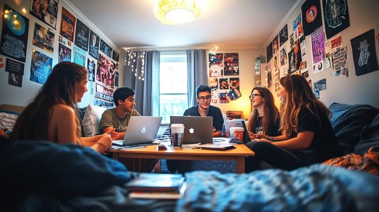 Five students with laptops study and chat around a table in a cozy, poster-filled room with fairy lights.