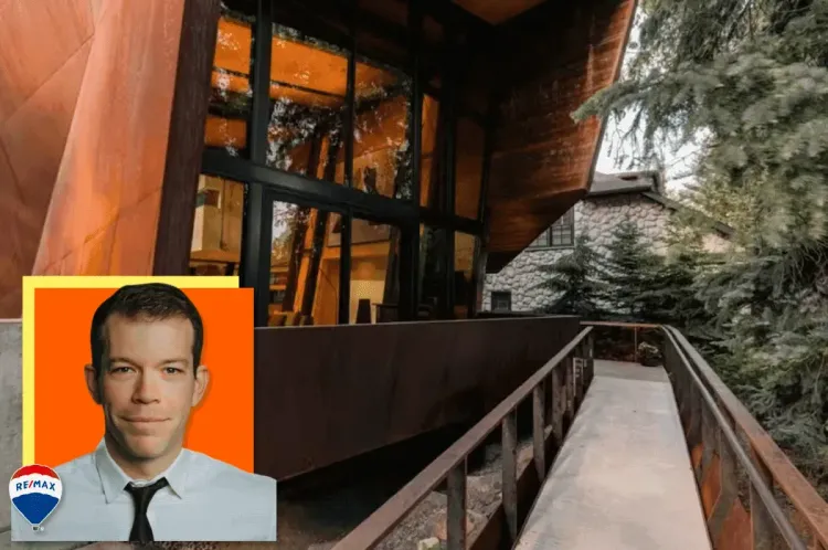 Smiling man's headshot with REMAX logo overlaid on a modern building with large orange-tinted windows and a stone building.