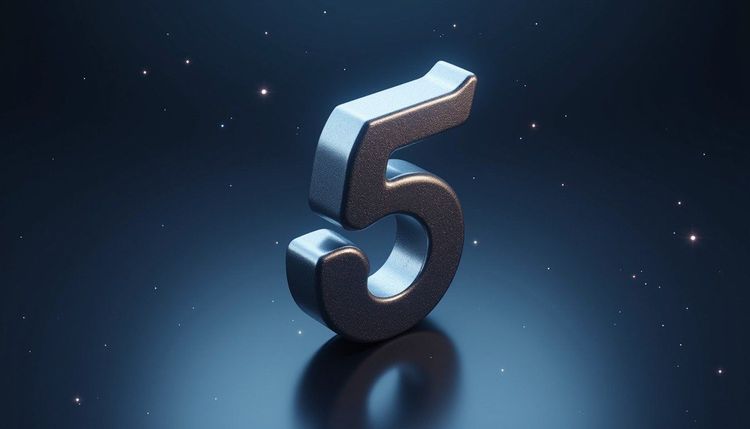 Metallic 3D number 5 with blue highlights, casting a reflection on a starry dark blue surface.