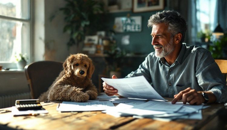 Smiling bearded man reviewing documents at a sunlit desk with his fluffy brown dog by his side.