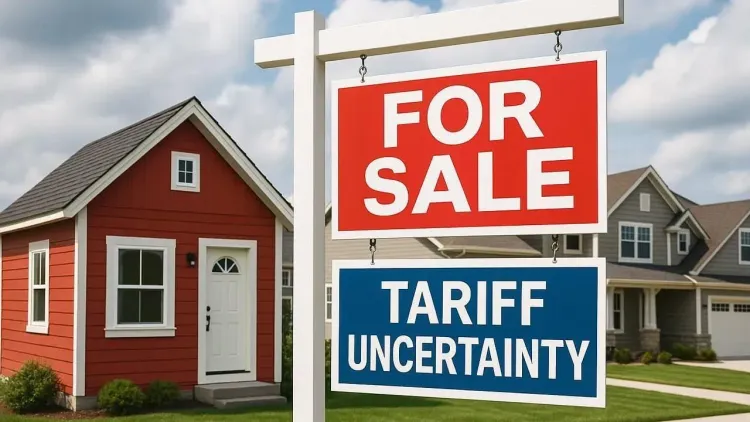 FOR SALE" sign above "TARIFF UNCERTAINTY" sign, in front of a red house and a grey house.