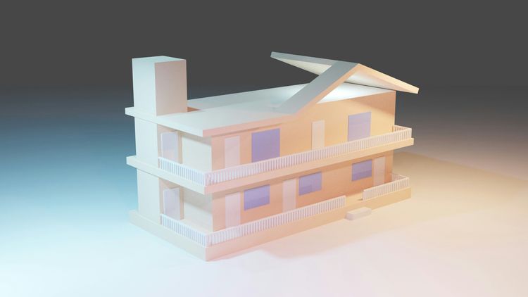 A pastel-colored 3D model of a two-story house with balconies, purple windows, a tall chimney, and an angular V-shaped roof.