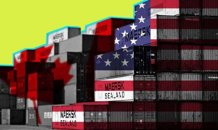 Shipping containers stylized with US, Canadian, and Austrian flags, arranged like a rising bar graph on yellow.