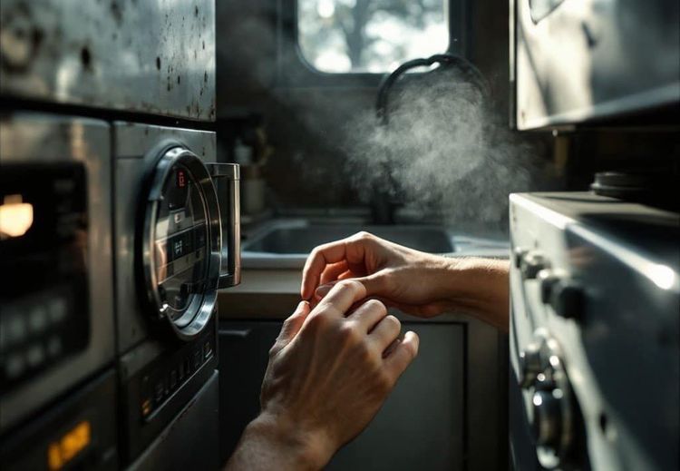 Hands inspect a small item in a dark, steamy laundry room with a washing machine and sink in the background.