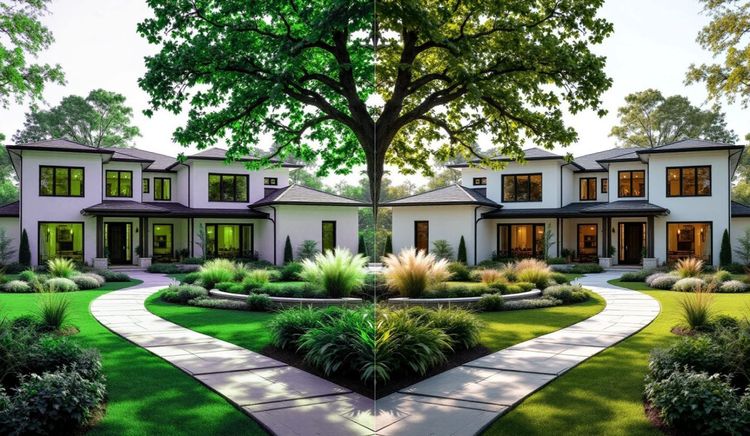 Symmetrical image of two modern white houses flanking a large tree. Left side is vibrant green, right is lime green.