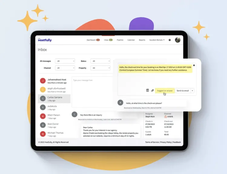 Hostfully inbox on tablet, showing AI-suggested check-out time reply for a guest's message.