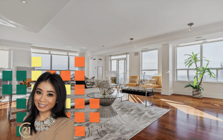 Smiling realtor with Century 21 logo, geometric blocks overlaying a luxury living room.