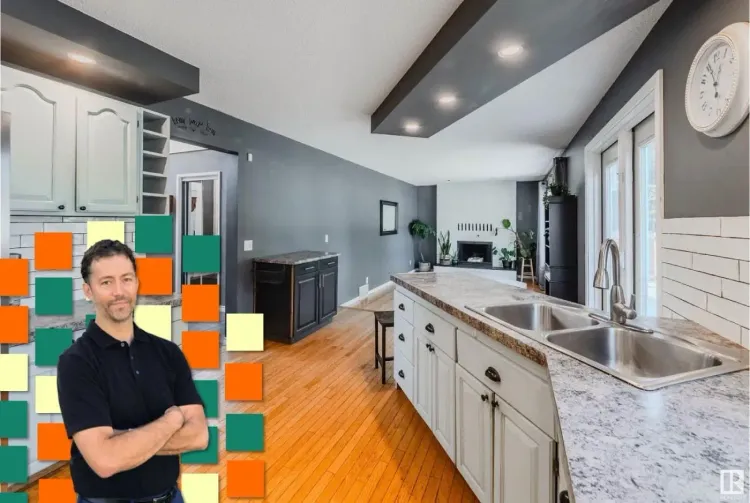 Man superimposed on a modern kitchen and living room, white cabinets, gray walls, wood floors, and fireplace.