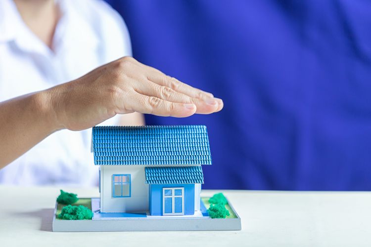 Hand protectively hovers over a miniature white and blue house with green bushes against a blue background.