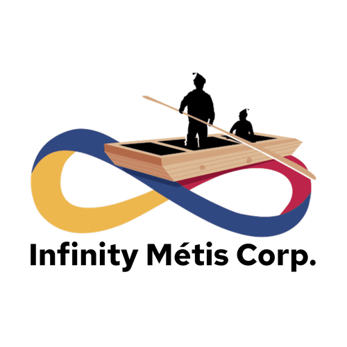 Logo: Métis boat with two figures on a red, blue & gold infinity symbol. Text: Infinity Métis Corp.