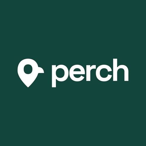 White "perch" logo with a bird-shaped location pin icon on a dark green background.