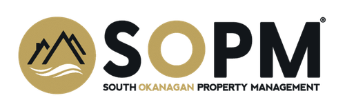 SOPM logo: Gold circle with mountains and waves. "South Okanagan Property Management" in black and gold text.