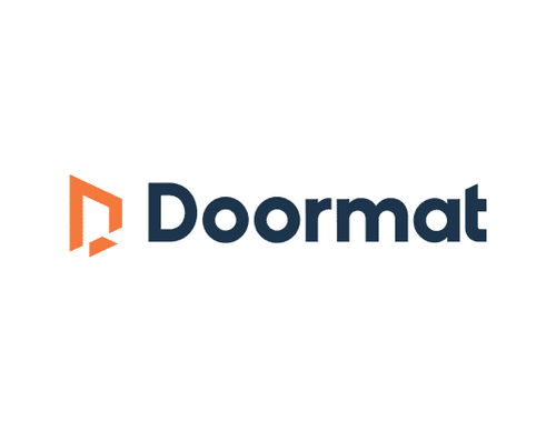 Orange abstract symbol and dark blue 'Doormat' text logo.