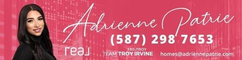 Adrienne Patrie real estate banner featuring a smiling woman, phone (587) 298 7653 and email.